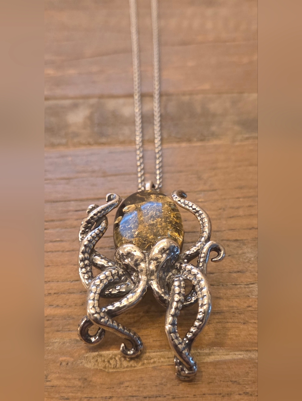 Octopus Amber Pendant Necklace 925 Sterling Silver